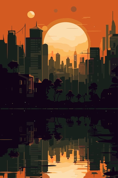 Paysage fictif urbain de la ville d'Afrique le soir Illustration vectorielle plate