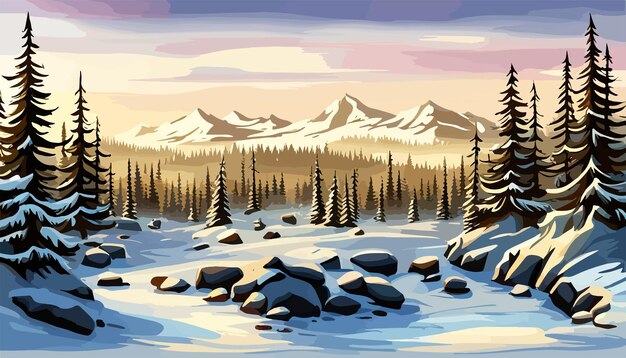 Vecteur paysage forestier d'hiver arrière-plan de noël pins neige arbres forêts contre les montagnes vecteur