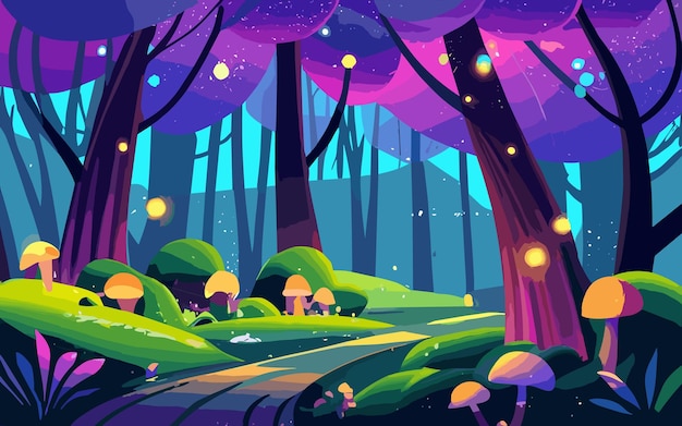 Paysage forestier nocturne avec des arbres et des vers lumineux et des champignons brillant dans l'obscurité Bois sauvage f