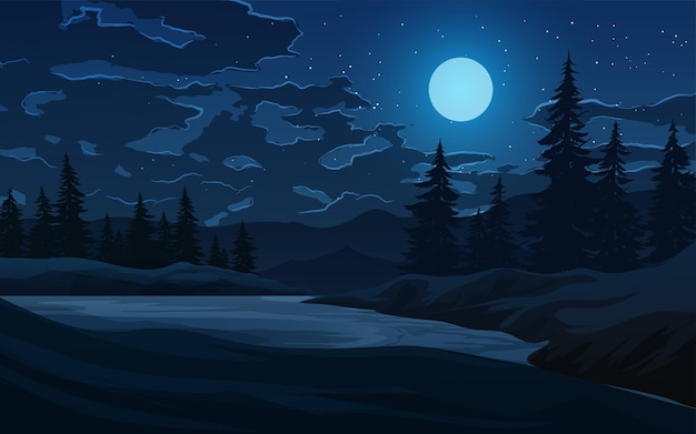 Vecteur paysage forestier nocturne de conifères avec lune et étoiles