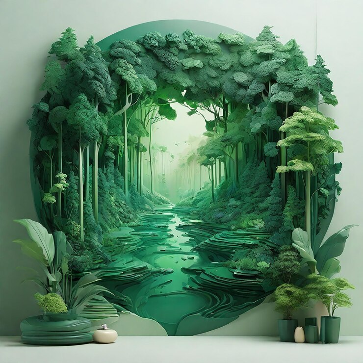 Vecteur paysage forestier en papier t-shirt de forêt en papier design vert