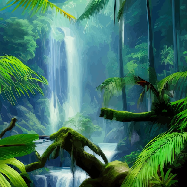 Vecteur paysage forestier tropical avec cascade et rivière avec troncs d'arbres et dessin animé vectoriel d'herbe verte