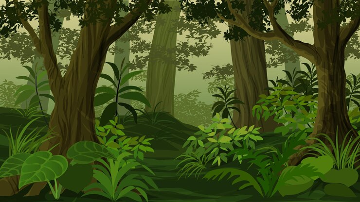 Vecteur paysage de forêt de dessin animé au coucher du soleil