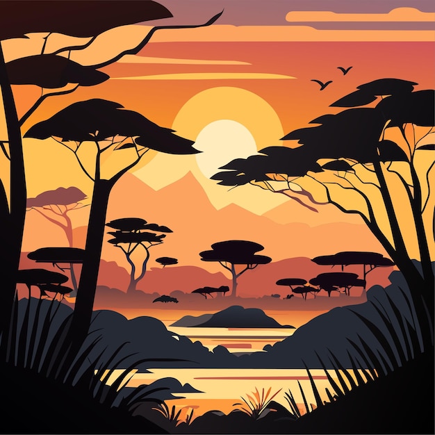 Vecteur paysage de la forêt de savane au coucher du soleil