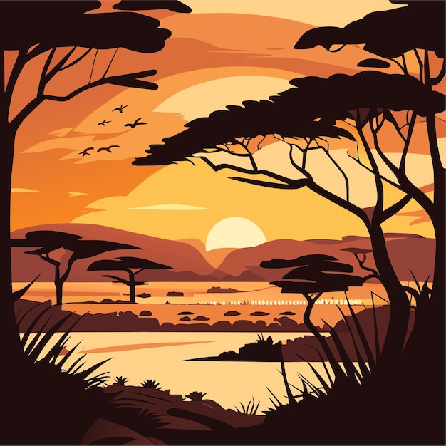 Vecteur paysage de la forêt de savane au coucher du soleil