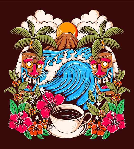 Paysage Hawaïen Avec Une Tasse De Café Avec Quelques Fleurs Printanières Et Caféier Dans La Vue Sur La Plage