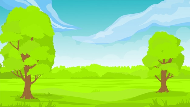 Paysage D'herbe Avec Illustration De Nuages Arbres Ciel. Paysage De Printemps Fond Vert