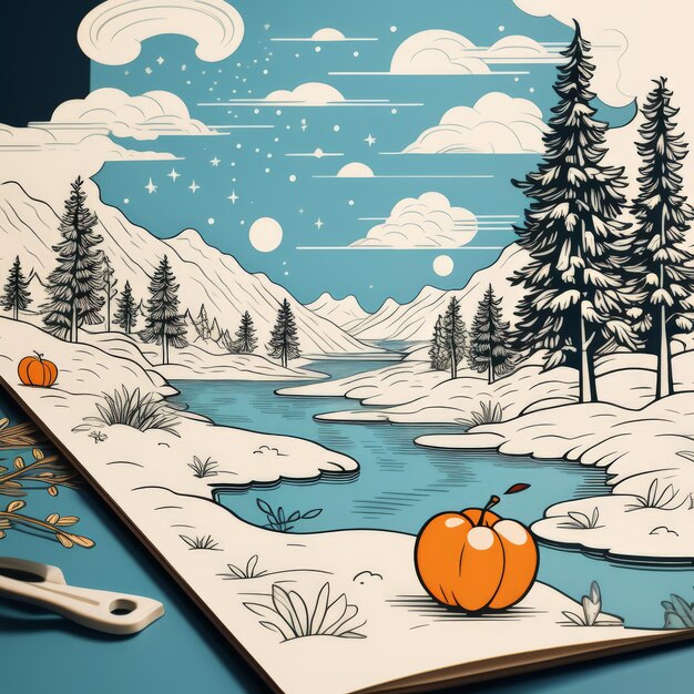 Vecteur paysage d'hiver avec arbre de noël dessiné à la main neige homme de neige montagnes neige sapins neige