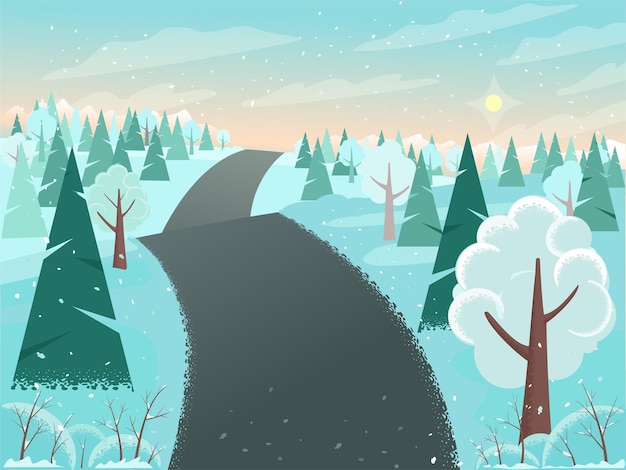 Vecteur paysage d'hiver avec des arbres enneigés sur les collines et l'illustration de fond de route