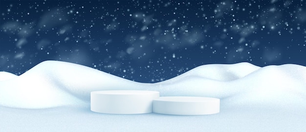 Paysage d'hiver avec congères et scène de podium de produit. Fond de neige réaliste 3D. Des congères isolées sur fond transparent. Illustration vectorielle Eps10