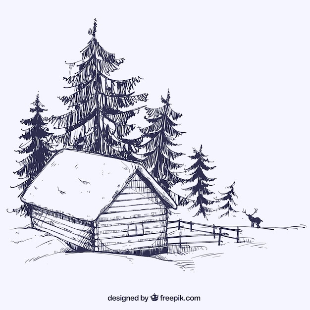 Vecteur paysage d'hiver croquis avec cabane en bois