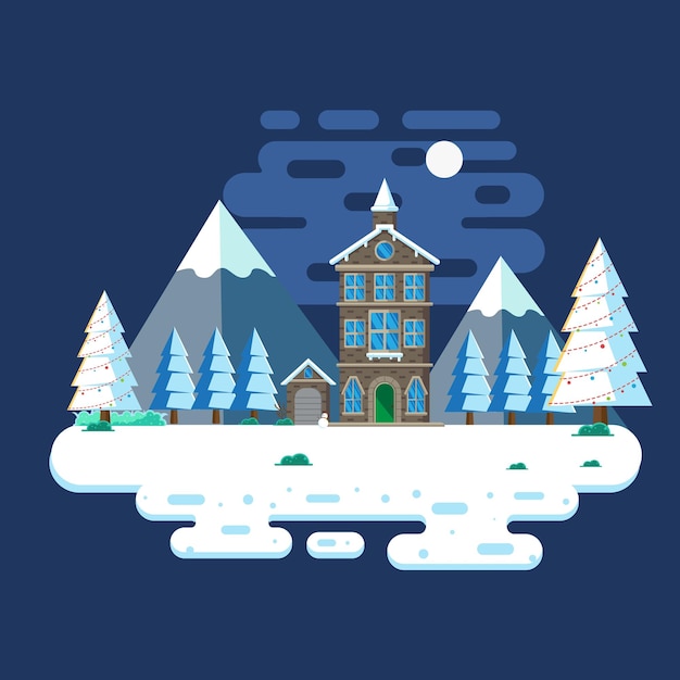 Paysage D'hiver Dans La Nuit Avec Illustration Design Plat