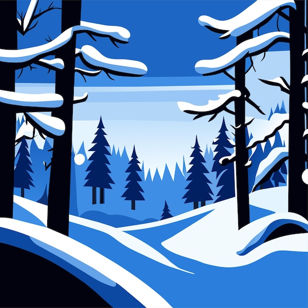 Paysage d'hiver fond bleu avec des congères, des chutes de neige et des arbres couverts de givre et de neige