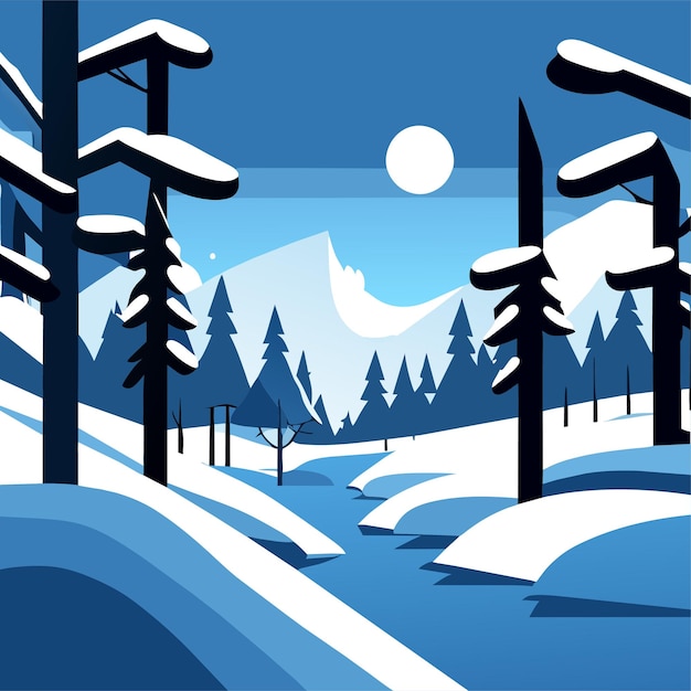 Vecteur paysage d'hiver fond bleu avec des congères, des chutes de neige et des arbres couverts de givre et de neige