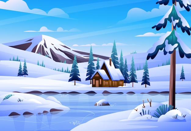 Paysage d'hiver avec une maison, un lac gelé et une illustration de dessin animé de fond de montagne