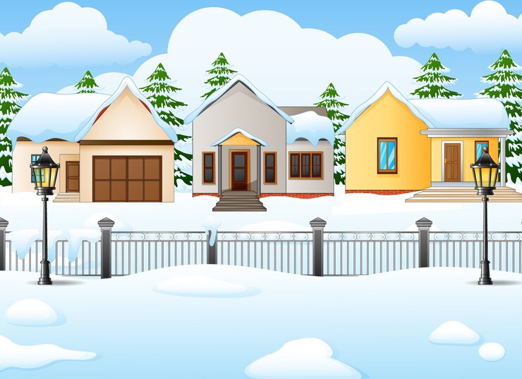 Vecteur paysage d&#39;hiver avec maison et neigeux dans la rue