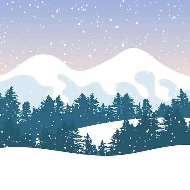 Paysage d'hiver avec montagnes et forêt Chute de neige Illustration vectorielle