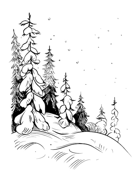 Paysage d'hiver. Neige, sapin, montagnes. Illustration d'art en ligne isolé sur fond blanc