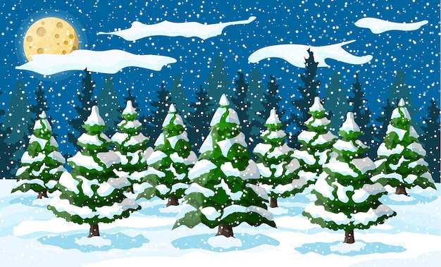 Paysage D'hiver Avec Des Pins Blancs Sur La Colline De Neige Dans La Nuit. Paysage De Noël Avec Forêt De Sapins Et Neige. Bonne Année. Vacances De Noël Du Nouvel An.