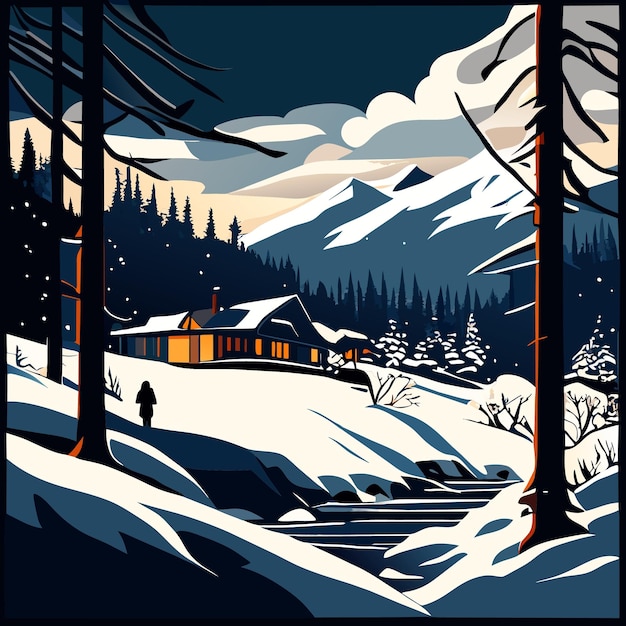 paysage d'hiver avec des pins et des montagnes dans l'illustration vectorielle de nuit