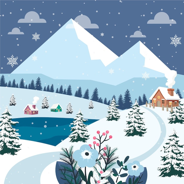 Paysage d'hiver plat dessiné à la main
