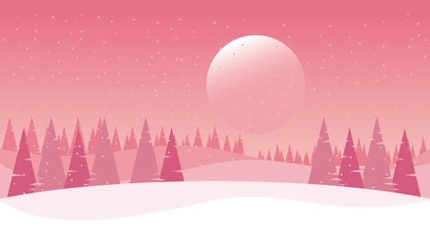 Paysage D'hiver Rose Beauté Avec Illustration D'arbres Soleil Et Pins