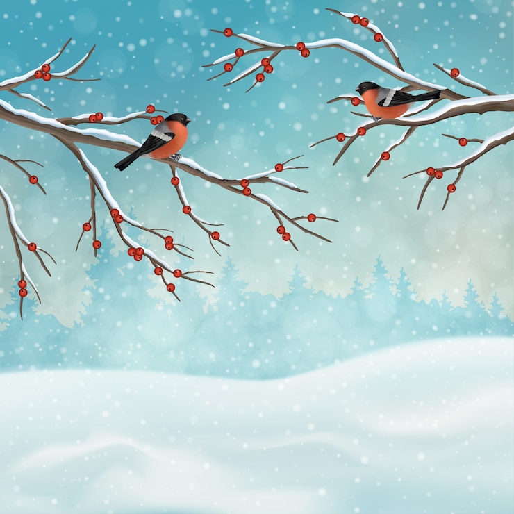 Vecteur paysage d'hiver de vacances de noël avec des branches d'arbres et des oiseaux