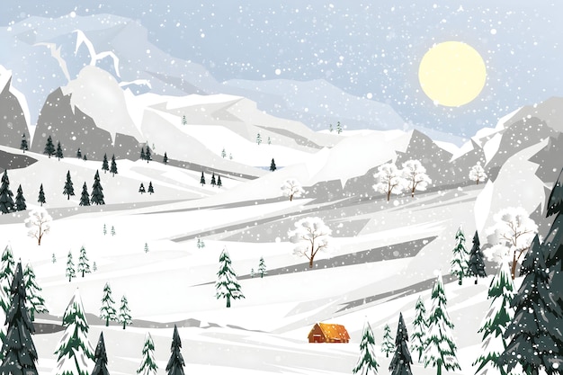 Paysage hivernal enneigé avec cabane et montagnes