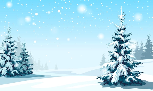 Paysage hivernal enneigé avec des pins et une illustration vectorielle des chutes de neige