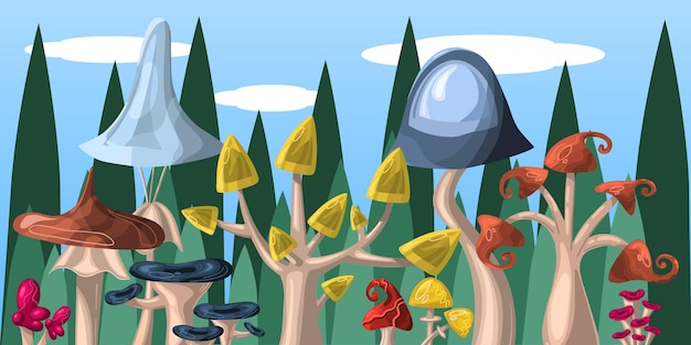 Paysage Horizontal Avec Des Champignons Fond De Dessin Animé Avec Une Fabuleuse Forêt De Champignons