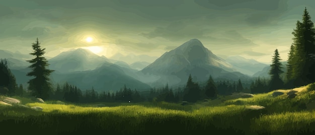 Paysage horizontal vectoriel avec forêt de brouillard montagnes lumière du soleil du matin illustration vue panoramique