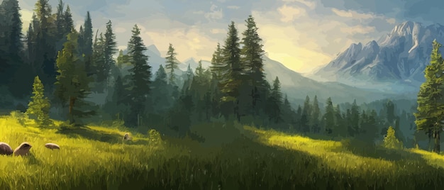 Paysage Horizontal Vectoriel Avec Forêt De Brouillard Montagnes Lumière Du Soleil Du Matin Illustration Vue Panoramique