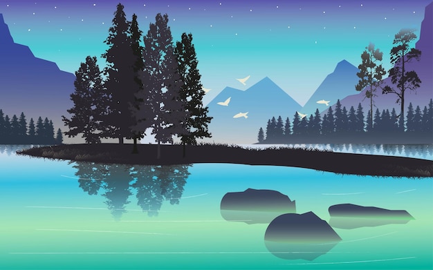 paysage d'illustration vectorielle avec affiche de rivière et de forêt