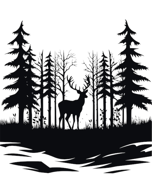 Paysage d'illustration vectorielle avec forêt et cerf