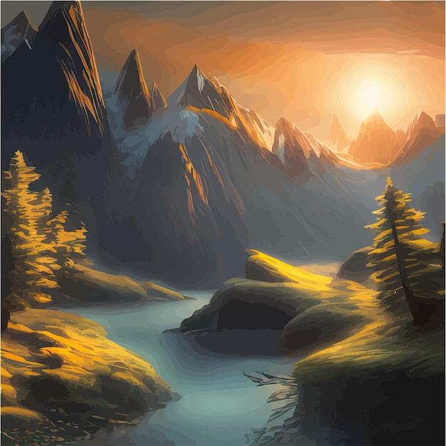 Paysage d'illustration vectorielle avec forêt de montagnes et rivière belle vue sur les montagnes en dessin animé