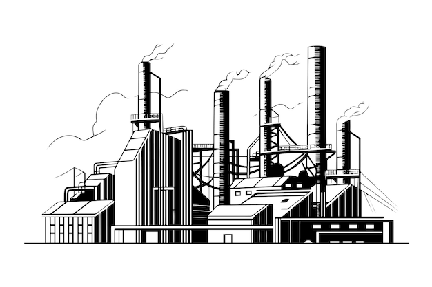 Paysage industriel ligne gravure style main dessin encre croquis industrie pétrolière illustration vectorielle