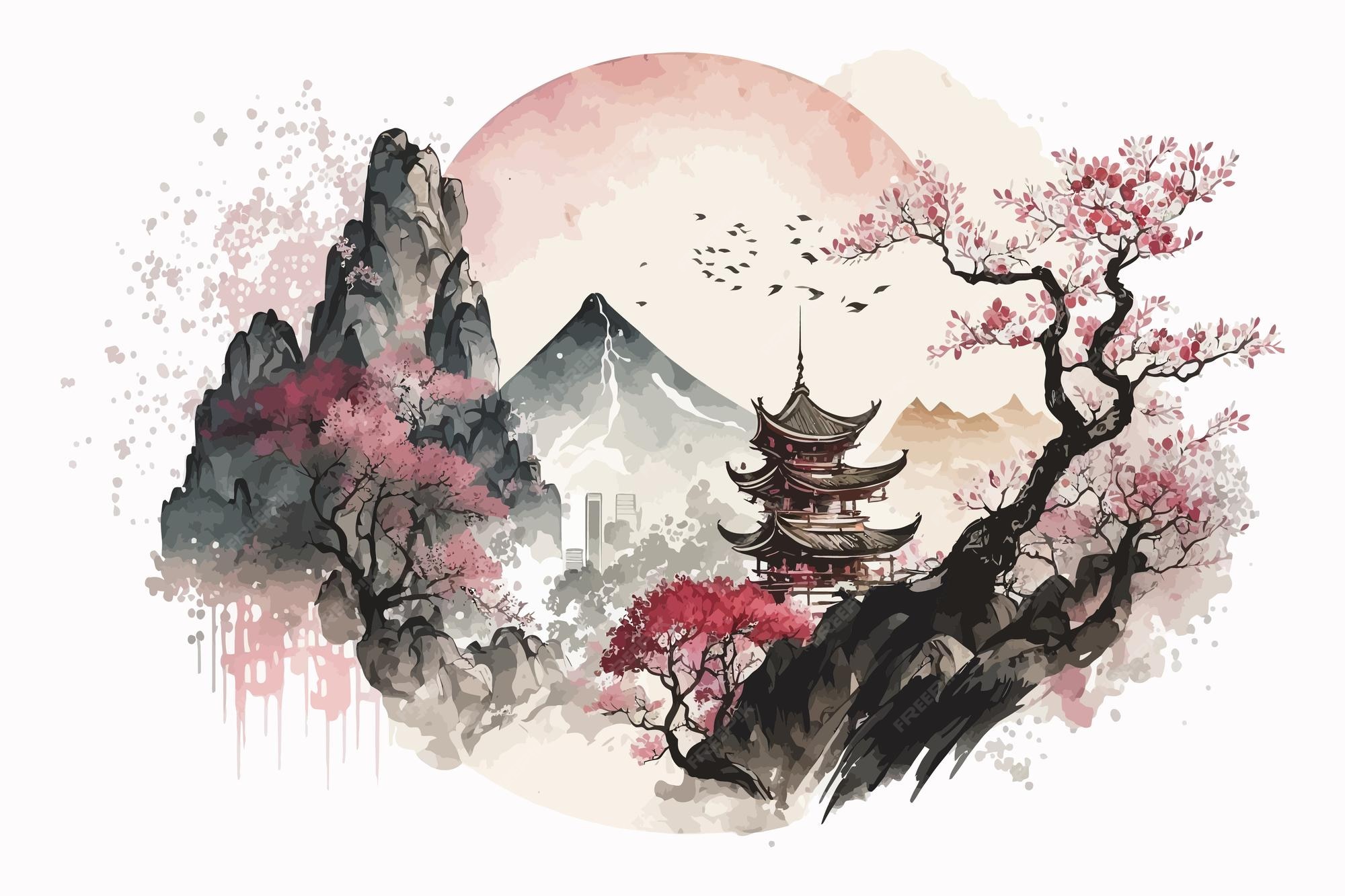 Paysage Japonais Aquarelle Paysage De Montagne Coloré Illustration Vectorielle Vecteur Premium
