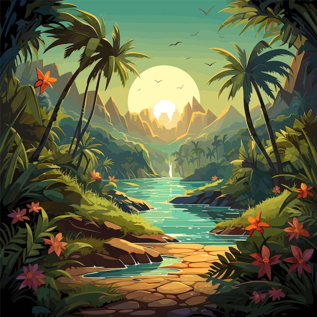 Vecteur paysage de jeu avec des plantes tropicales en arrière-plan illustration