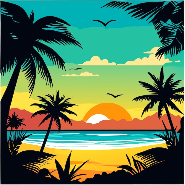 paysage d'une journée ensoleillée sur la plage avec des arbres illustration vectorielle