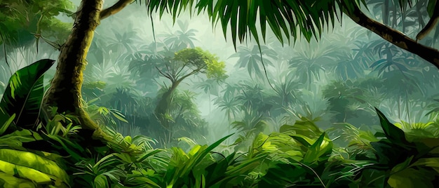 Vecteur paysage de jungle tropicale horizontale vue panoramique forêt dense avec palmiers et lianes exotiques