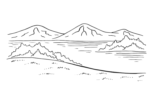Paysage Avec Lac Et Montagnes Illustration Dessinée à La Main Convertie En Image Vectorielle