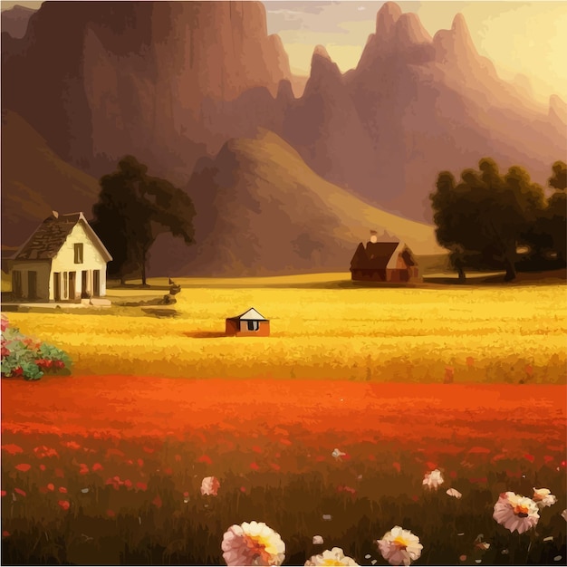 Vecteur paysage avec maison et champs rouges fleuris sur fond de montagnes illustration vectorielle dans le