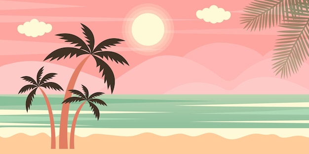 Paysage Marin Horizontal Avec Palmiers Et Montagnes Paysage D'été Tropical Illustration Vectorielle