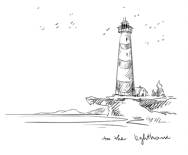 Vecteur paysage marin avec un phare. croquis de vecteur de ligne.