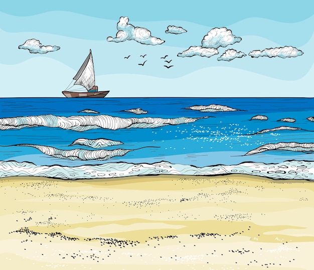 Vecteur paysage marin avec voilier sur horizont et plage de sable