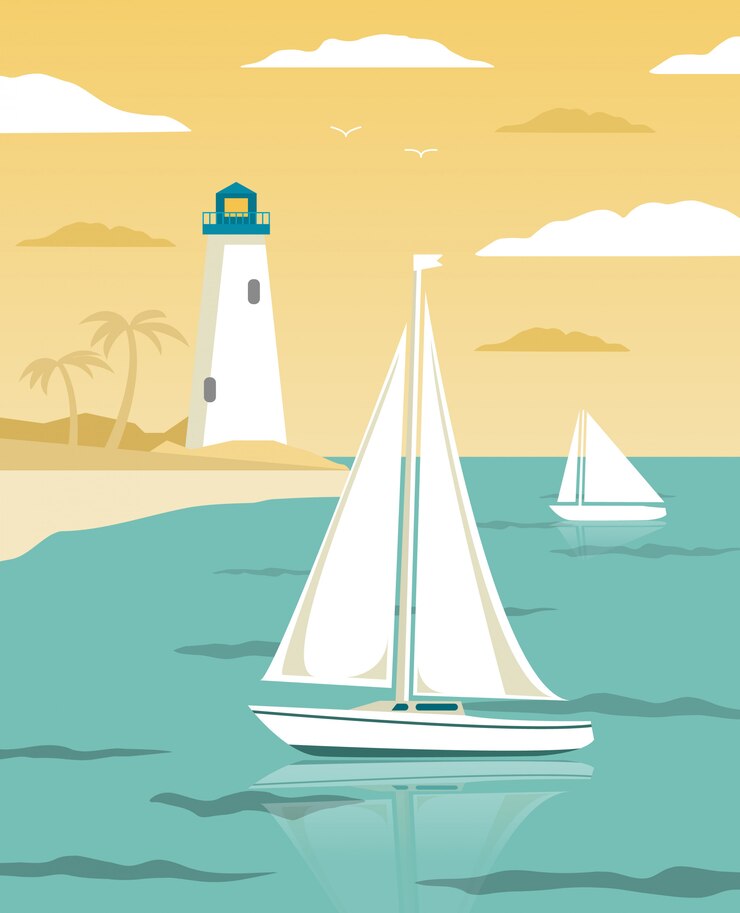 Vecteur paysage de mer avec voiliers et tour de phare