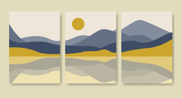 Paysage Minimaliste Esthétique Avec Lac Et Montagnes Ensemble D'art Mural Imprimable Coucher De Soleil Imprimé œuvre Bohème Illustrations Vintage Dans Un Style Bohème Avec Soleil De Mer