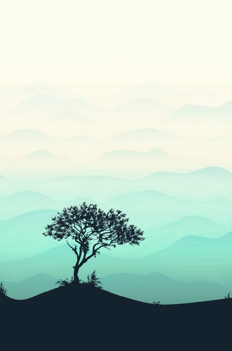 Vecteur paysage de modèle de silhouette de montagne et arbre avec montagnes, ciel et bois