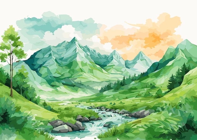 Paysage de montagne aquarelle dessiné à la main de vecteur