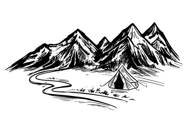 Paysage De Montagne, Camping Dans La Nature, Style De Croquis, Illustrations Vectorielles.